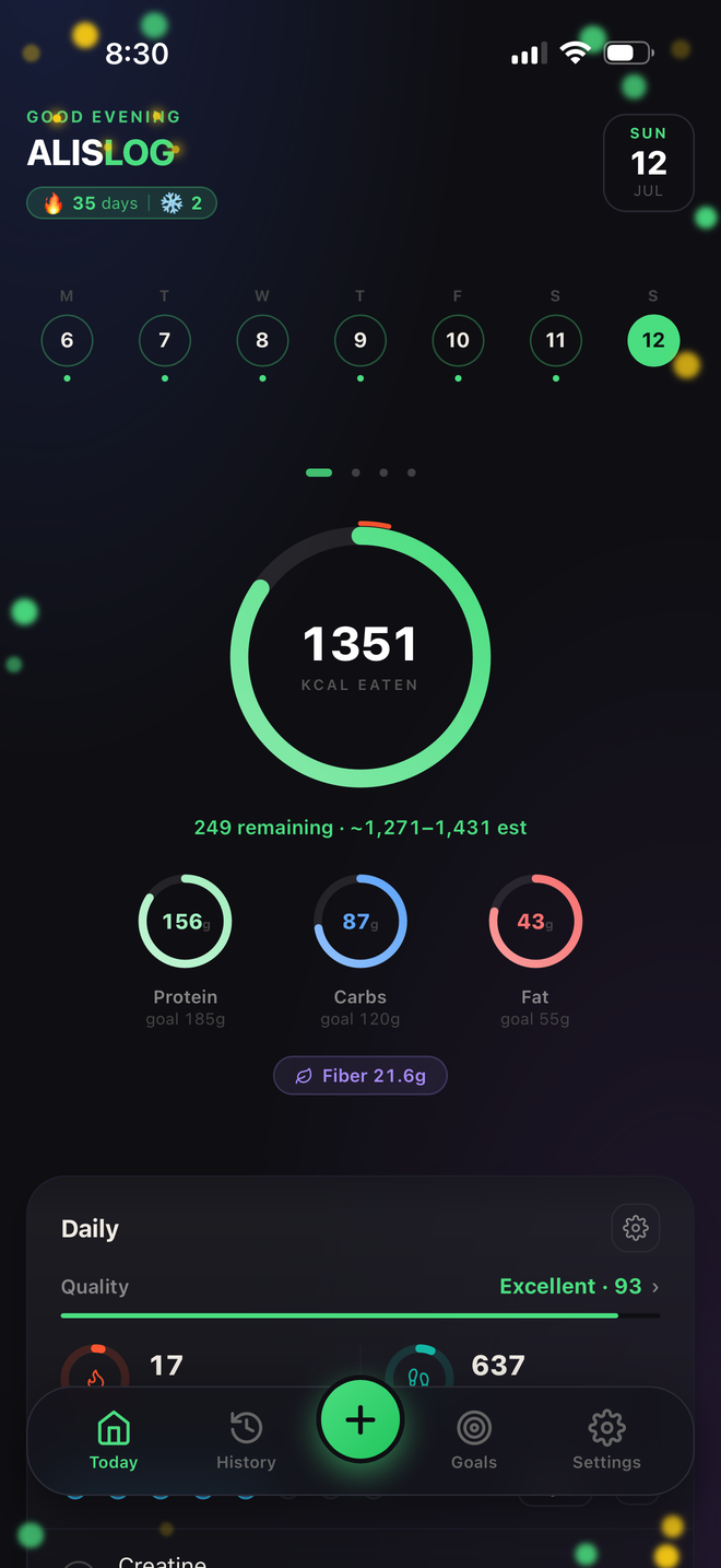 AlisLog Today screen with the calorie ring