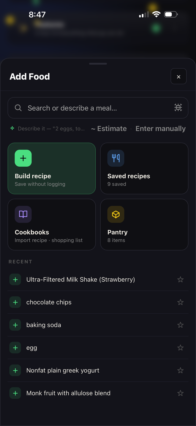 The Add Food sheet